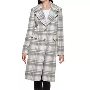 Calvin Klein Walker Plaid Wool Overcoat Single Breasted Pea Coat Gray Cream 10